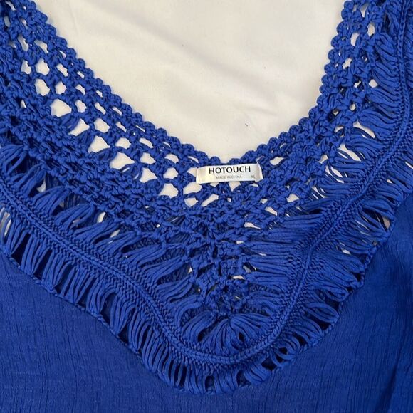 Hotouch szXL blue crocheted trim swimsuit coverup w/fringe around the bottom EUC - Picture 6 of 8
